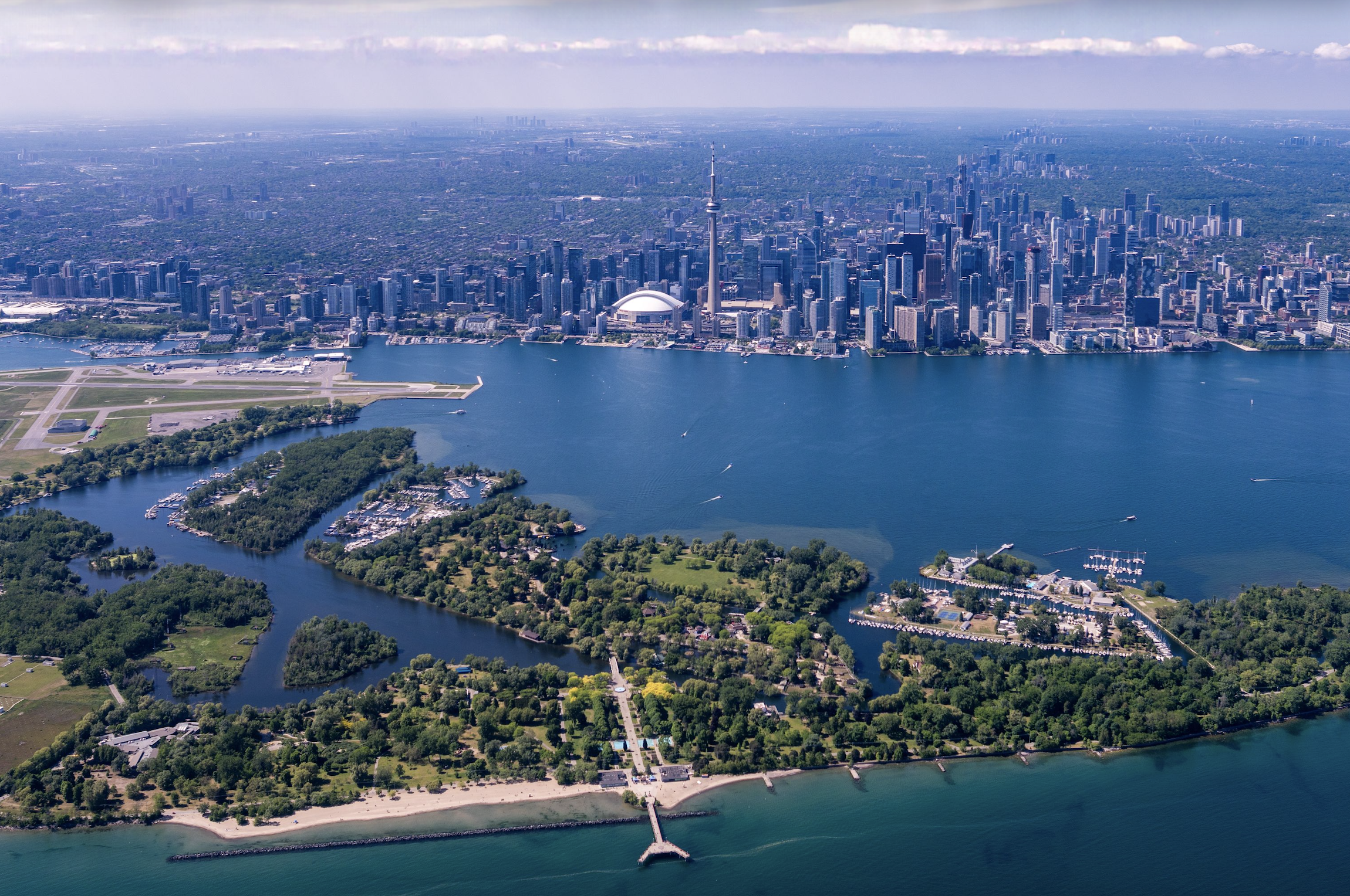 Aerial view of Toronto's Inner Harbour, islands, and waterfront